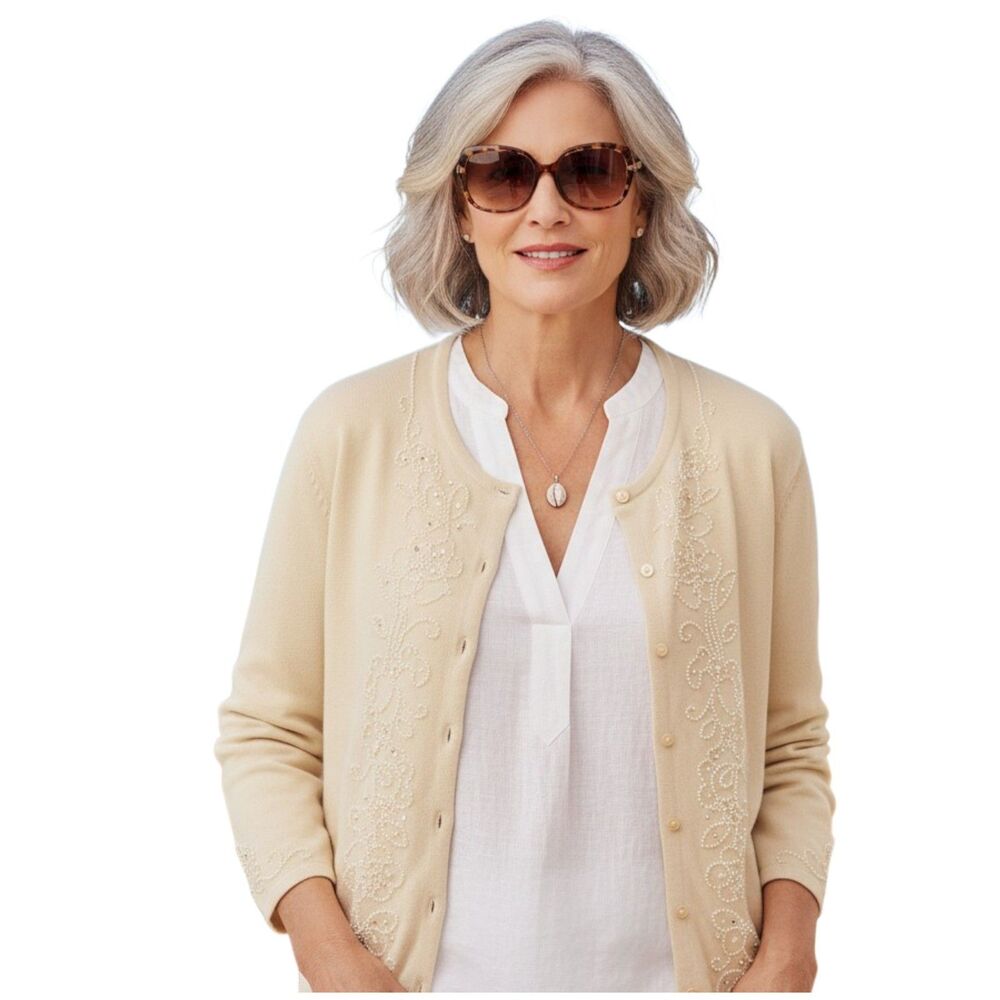 Dressbarn Cream Beaded Cardigan Sweater Size 22/24 Plus Embellished Classic